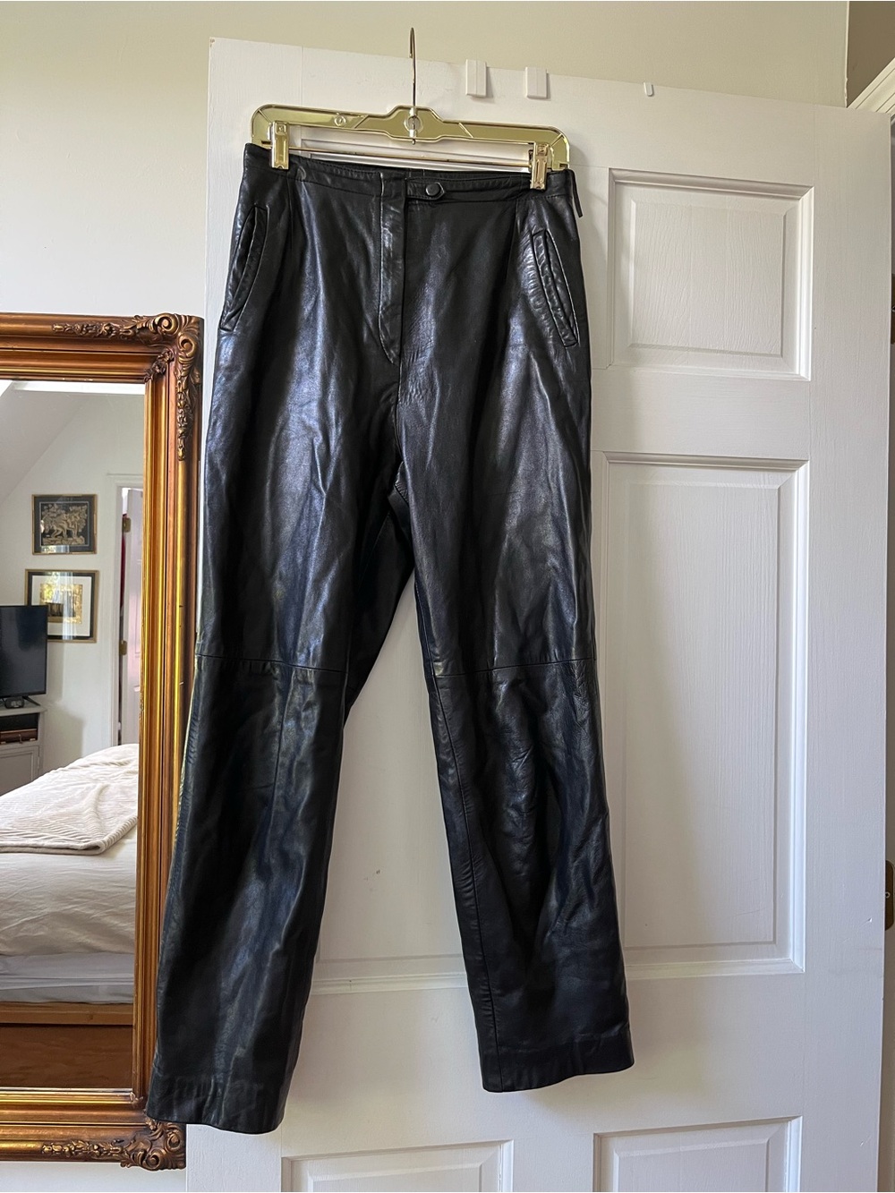 Straight-Leg Black Leather Pants - Women's Classic Fit